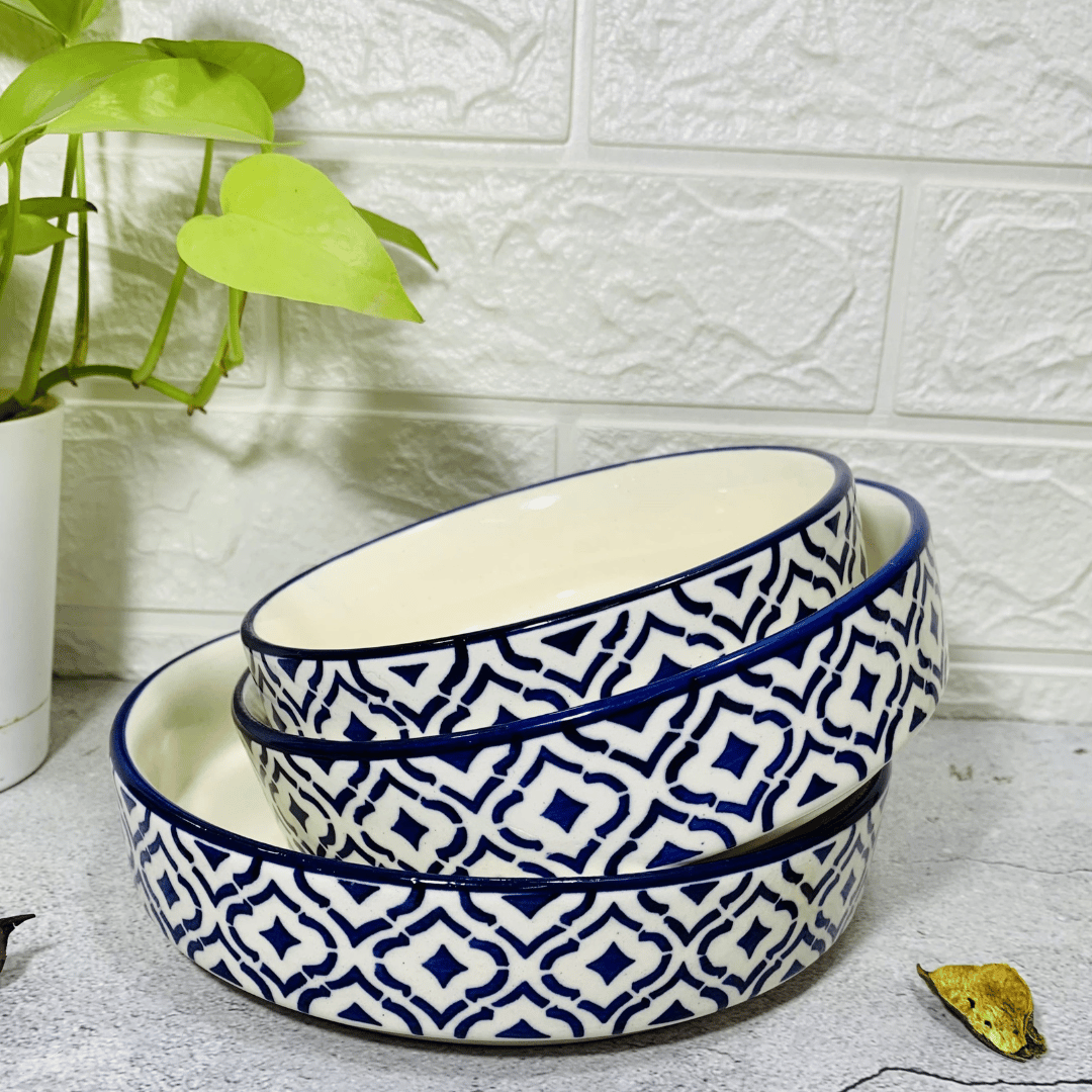 Homefrills Studio Pottery Hand-Painted Ceramic Salad Tray/Bowl, Salad Plate for Serving Snacks, Fruits, Salad, Noodles & Pasta Microwave Dishwasher Safe/BPA & Lead Free -Set of 3 Color -Blue