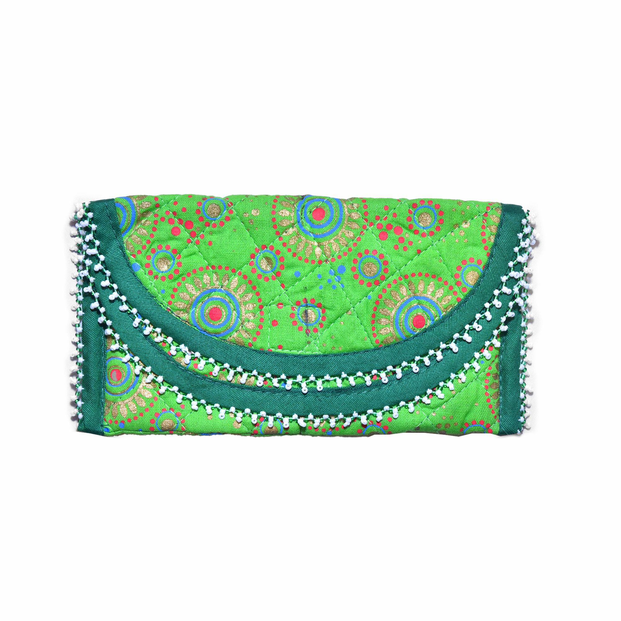 Tribes India Handcrafted Cotton, Spoange & Jeco Beeds Green Purse