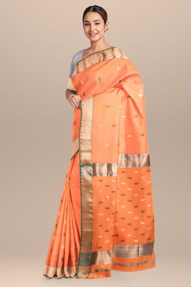Hand Woven Aerospace Orange Color Traditional Rudraksh Buti Sausar Silk Saree with Zari Border  SKU-BS10059