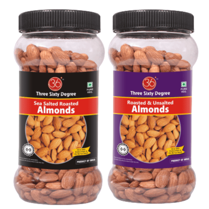 360 Three Sixty Degree Roasted Whole Salted + Unsalted Almonds 1 K.g (500 Grams x 2 ) JAR COMBO | Crunchy Badam | Protein Rich Nutritious and Super Tasty 360 Three Sixty Degree Roasted Whole Salted + Unsalted Almonds 1 K.g (500 Grams x 2 ) JAR COMBO | Crunchy Badam | Protein Rich Nutritious and Super Tasty