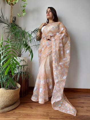Soft Organza in Peach pastel with Embroidery Soft Organza in Peach pastel with Embroidery