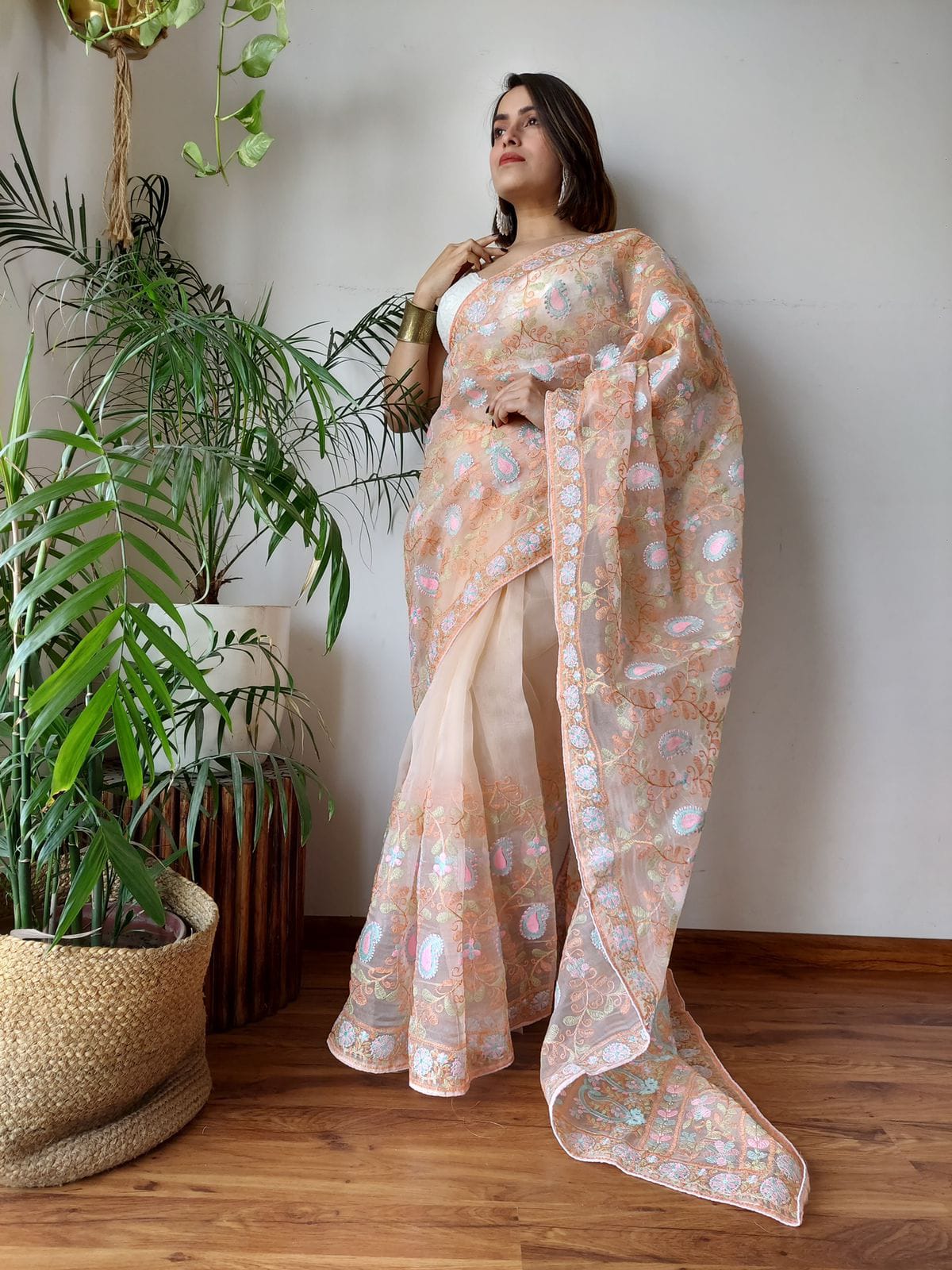 Soft Organza in Peach pastel with Embroidery