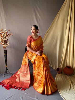 Rich Brocade Silk saree in Orange with red border Rich Brocade Silk saree in Orange with red border