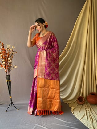 Rich Brocade Silk saree in Pink with Orange border Rich Brocade Silk saree in Pink with Orange border