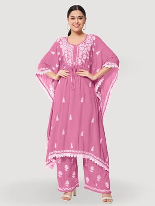 Hand Embroidered Chikankari Kaftan And Palazzo Set-2508 Hand Embroidered Chikankari Kaftan And Palazzo Set-2508