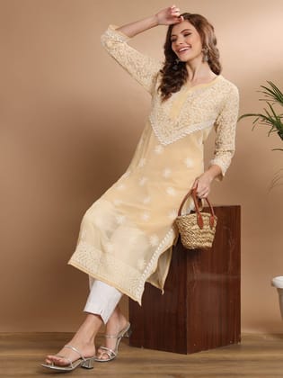 Chikankari Faux Georgette Beige kurta With Slip-2543 Chikankari Faux Georgette Beige kurta With Slip-2543