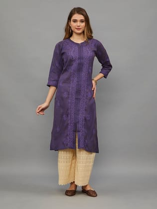 Chikankari Hand Embroidered Khadi Cotton Straight Kurta-2354 Chikankari Hand Embroidered Khadi Cotton Straight Kurta-2354