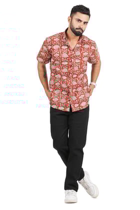 Tribes India Bagru Hand Block Printed Floral Cotton Shirt - Red