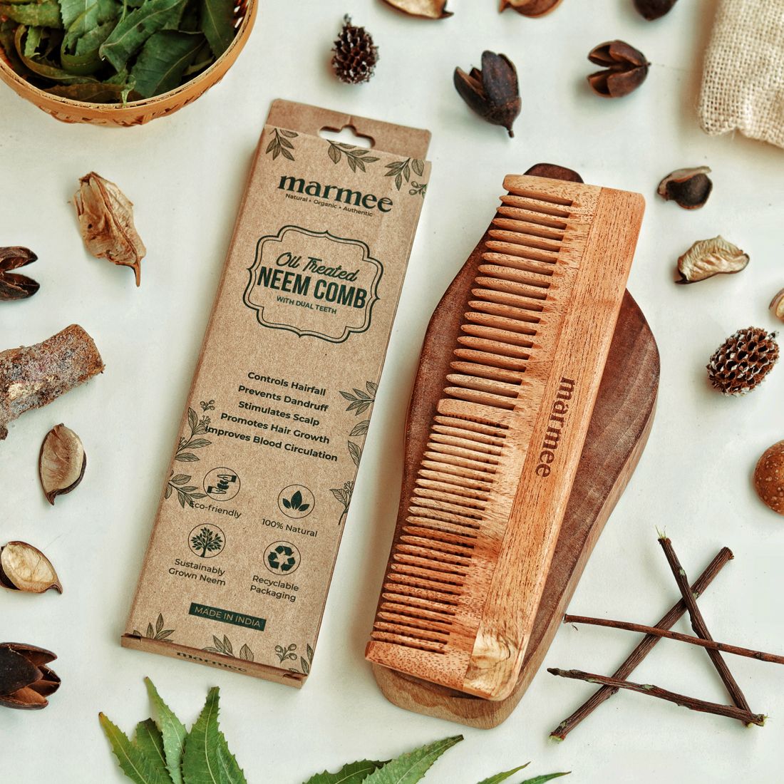 Marmee Oil-Treated Neem Wood Comb with Dual Teeth – Herbal Infused for Healthy Hair & Scalp
