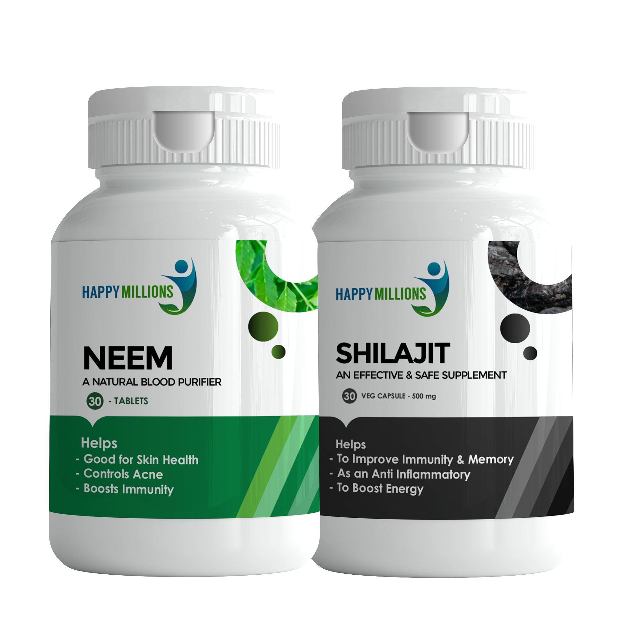 Happy Millions Ayurvedic Neem And Shilajit || Combo Pack of 2 || (30+30) Tablets