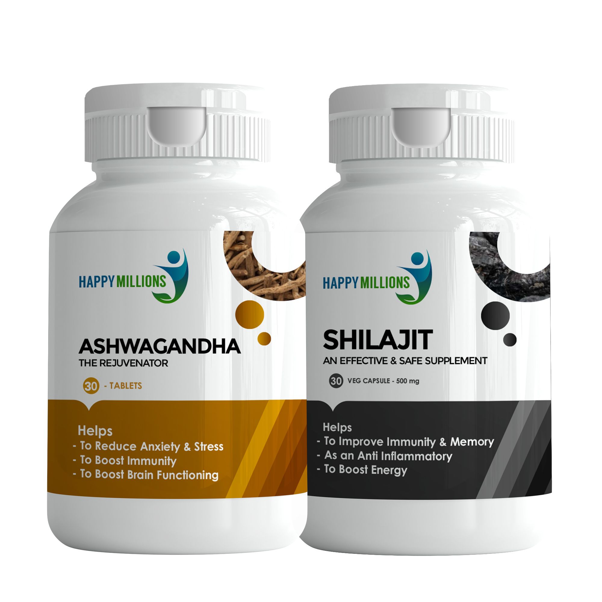 Happy Millions Ayurvedic Ashwagandha and Shilajit || Combo Pack of Two || (30+30) Tablets