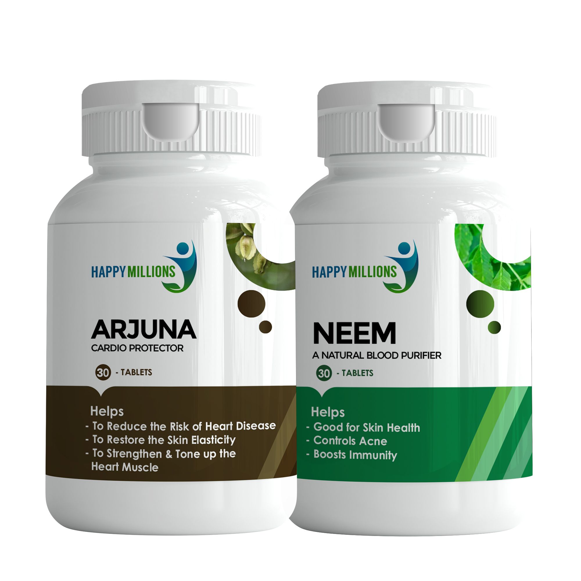 Happy Millions Ayurvedic Arjuna and Neem || Combo Pack of 2 (30+30 Tablets)