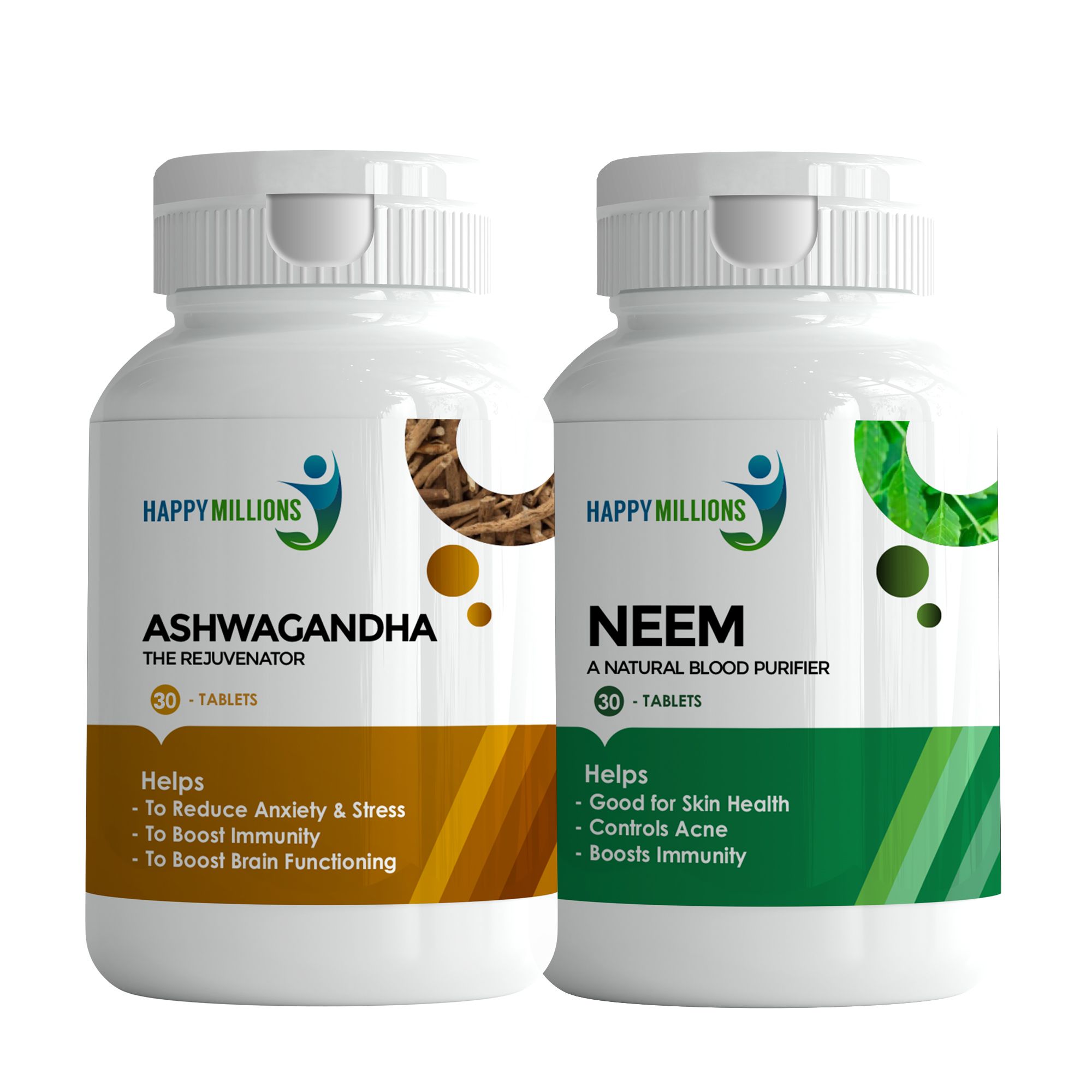 Happy Millions Ayurvedic Ashwagandha and Neem | Combo Pack Of 2  (30 + 30 Tablets)