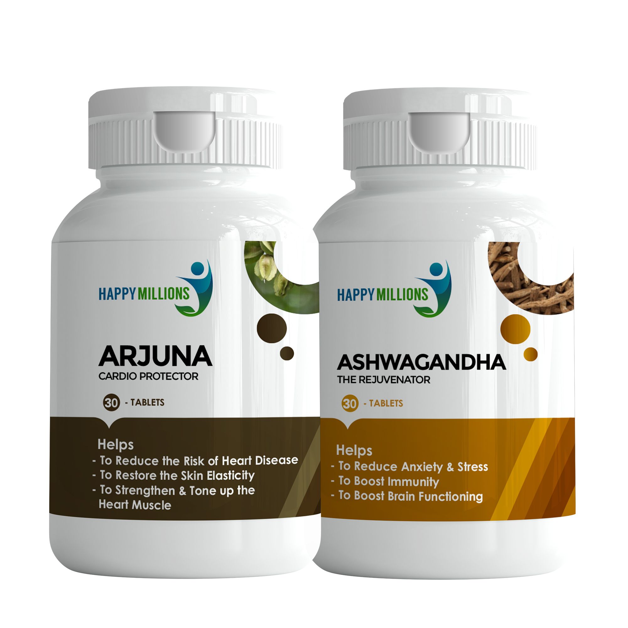 Happy Millions Ayurvedic Arjuna and Ashwagandha | Combo Pack Of  2  (30 + 30 Tablets)
