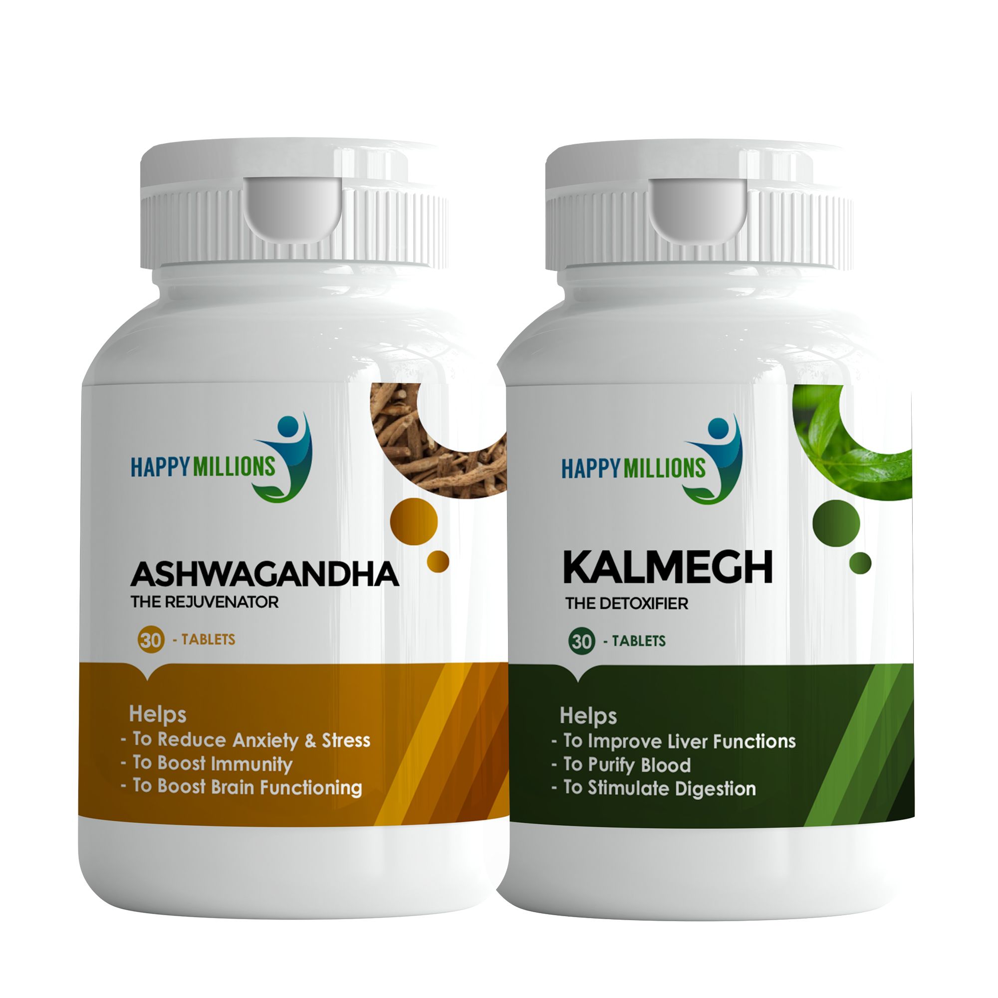 Happy Millions Ayurvedic Ashwagandha and Kalmegh | Combo Pack Of 2  (30 + 30 Tablets)