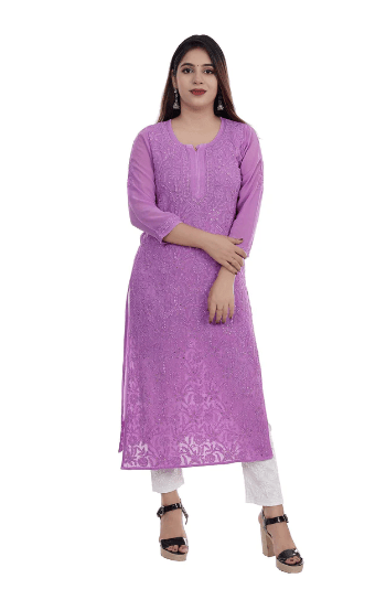 FABIHA CHIKANKARI VISCOSE KURTI | LAVENDAR