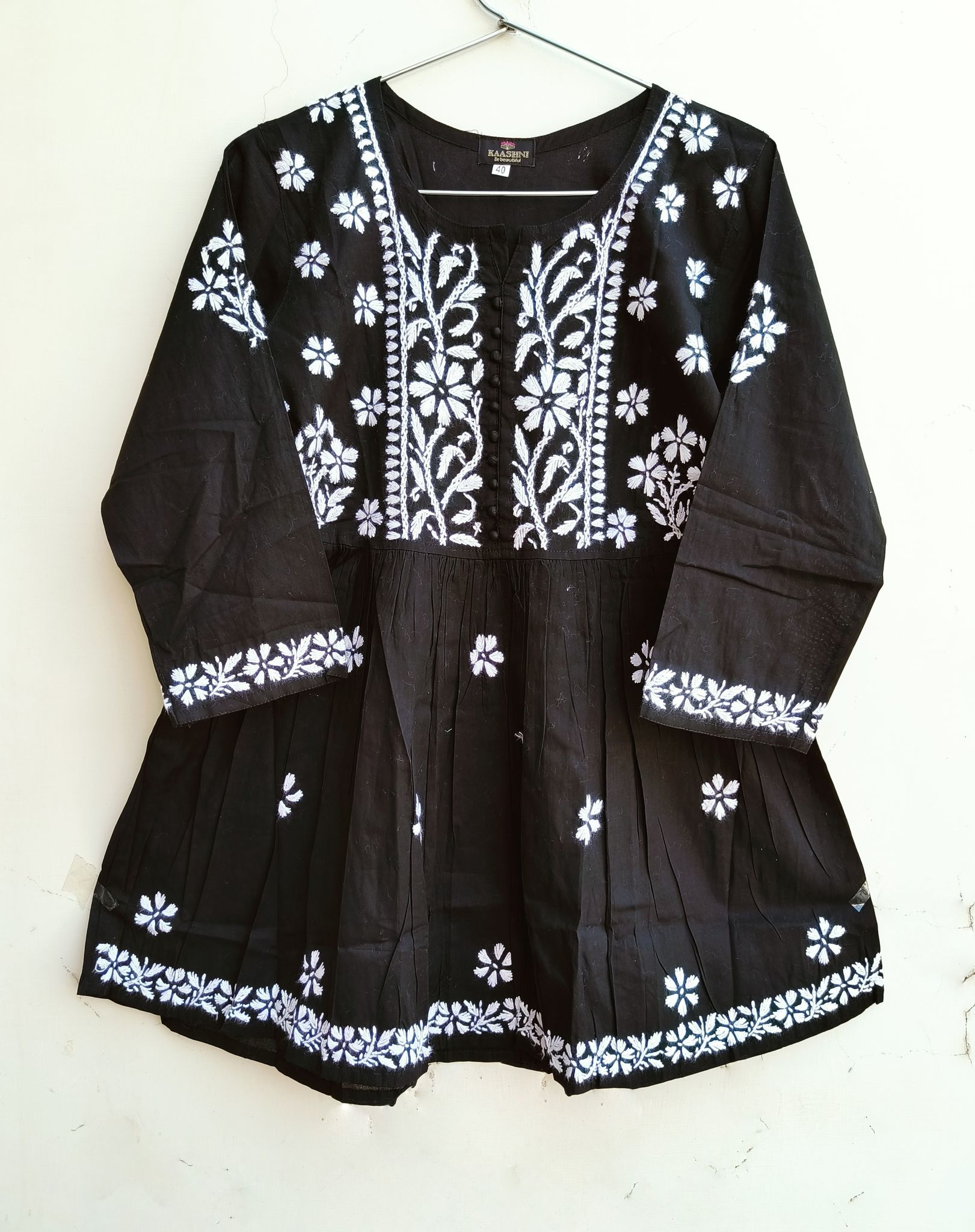 Women Chikankari hand Embroidered Cotton Blend Flared short Kurta/Top (Black)