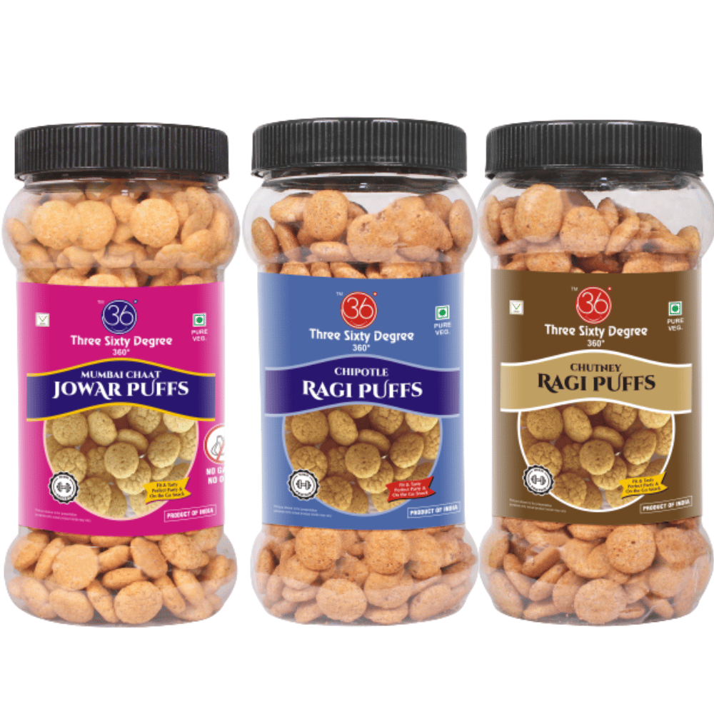 360 Three Sixty Degree Slow Roasted Mumbai Chaat Jowar + Chutney & Chipotle Ragi Puffs Combo (3Jars x 80grams) 240 Grams | High Protein | Namkeen |Maida Free
