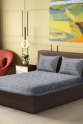 Garvi Gurjari (A Gujarat Govt Enterprise) Handmade Grey Applique Work Cotton Bed Cover Set With Pillow Covers Garvi Gurjari (A Gujarat Govt Enterprise) Handmade Grey Applique Work Cotton Bed Cover Set With Pillow Covers