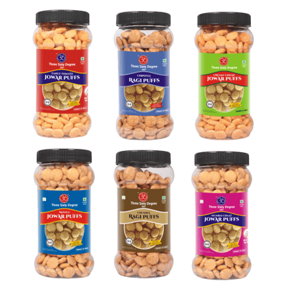 360 Three Sixty Degree Slow Roasted Masala, Creamy Cheese, Tangy Tomato & Mumbai Chaat Jowar + Chutney & Chipotle Ragi Puffs Combo (6Jars x 80grams) 480Grams |High Protein| Namkeen |Maida Free|