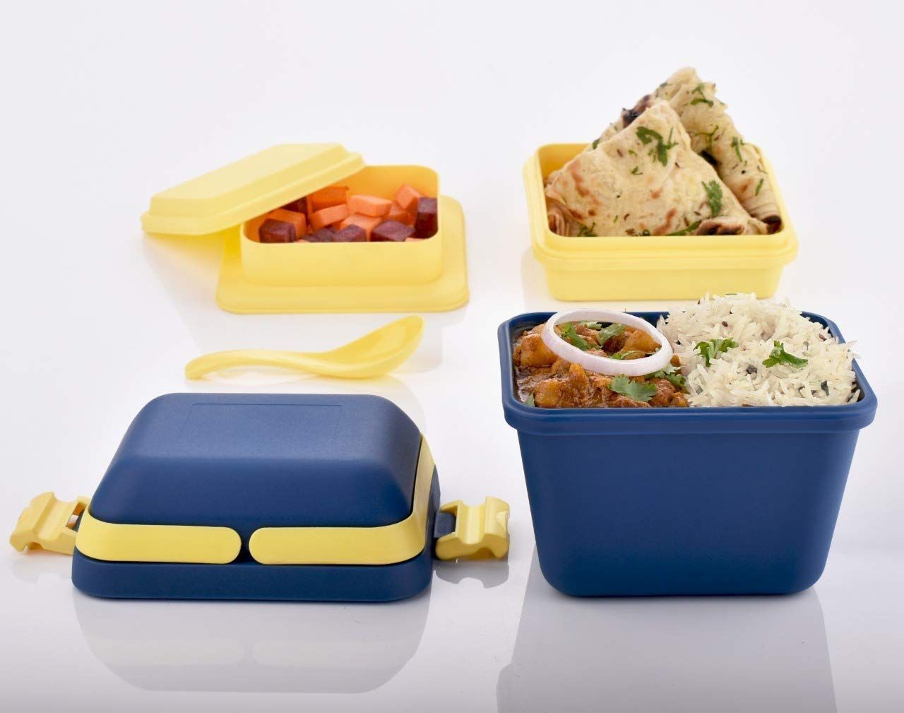 HAPPI Dieting Airtight Lunch Box Leak Proof with Push Lock Handle 3 Comparment with 1 Spoon Set Food Warmer Lunch Box Multipurpose Use (Multicolor)