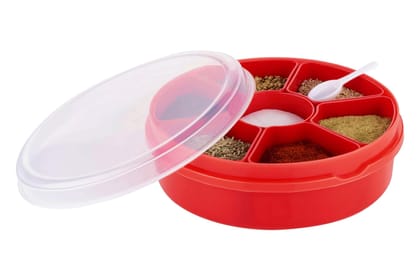 HAPPI Plastic Masala Box for Kitchen, Spice Boxes for Kitchen, Transparent Rangoli/Spice/Masala Dabba Storage Container 7 Compartments with 1 Spoon (Red) HAPPI Plastic Masala Box for Kitchen, Spice Boxes for Kitchen, Transparent Rangoli/Spice/Masala Dabba Storage Container 7 Compartments with 1 Spoon (Red)