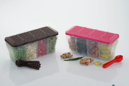HAPPI Multipurpose Plastic 4 In 1 Masala Box for Kitchen, Spice Boxes for Kitchen, Transparent 4 Compartment Storage Containers Airtight Grocery,Cereal,Dry Fruits Dabba 1800 Ml with 4 Spoons (Pink) HAPPI Multipurpose Plastic 4 In 1 Masala Box for Kitchen, Spice Boxes for Kitchen, Transparent 4 Compartment Storage Containers Airtight Grocery,Cereal,Dry Fruits Dabba 1800 Ml with 4 Spoons (Pink)