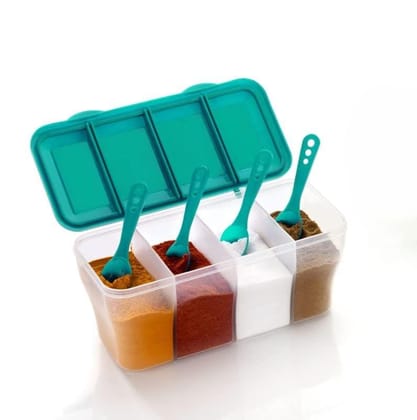 HAPPI Multipurpose Plastic 4 In 1 Masala Box for Kitchen, Spice Boxes for Kitchen, Transparent 4 Compartment Storage Containers Airtight Grocery,Cereal,Dry Fruits Dabba 1800 Ml with 4 Spoons(Green) HAPPI Multipurpose Plastic 4 In 1 Masala Box for Kitchen, Spice Boxes for Kitchen, Transparent 4 Compartment Storage Containers Airtight Grocery,Cereal,Dry Fruits Dabba 1800 Ml with 4 Spoons(Green)