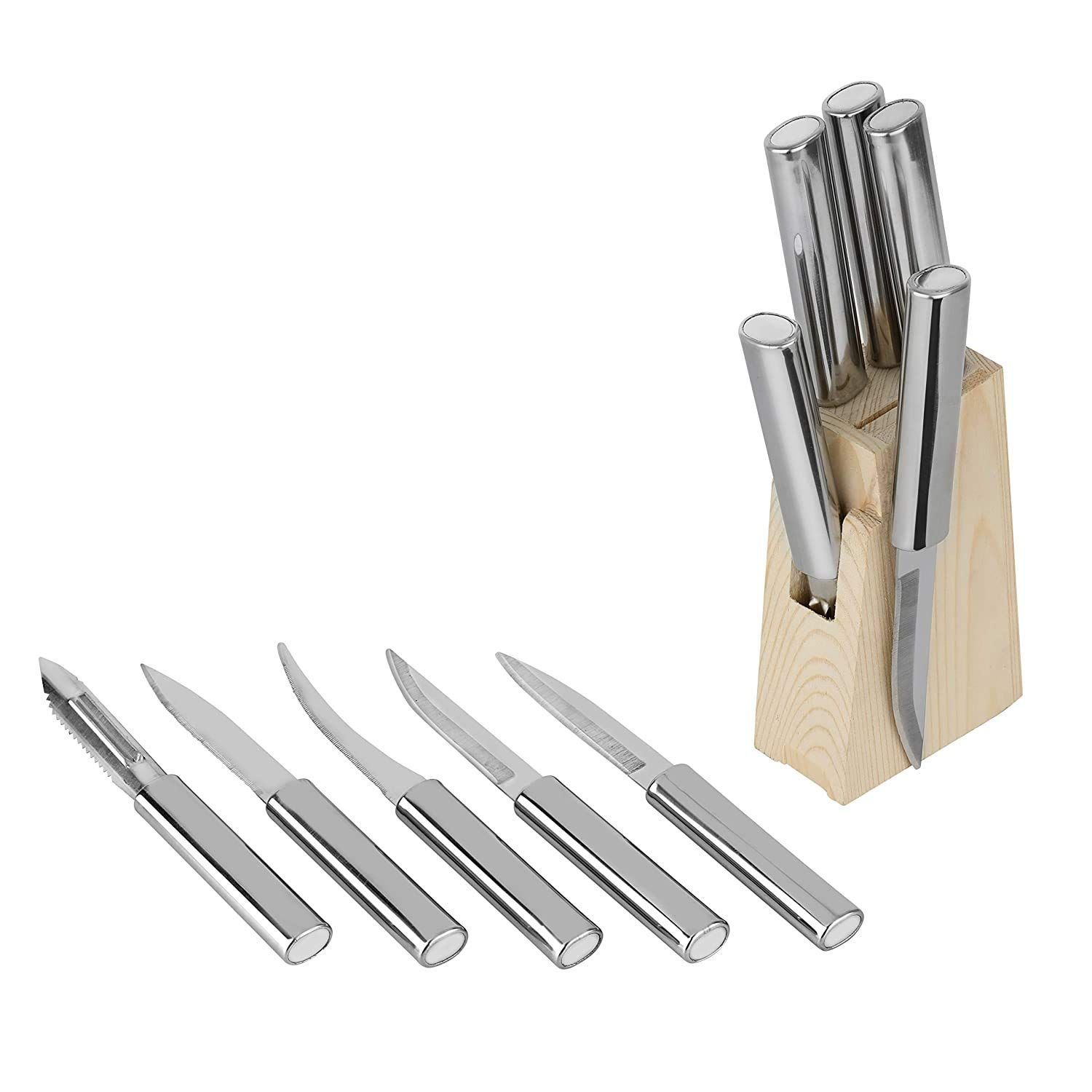 HAPPI Stainless Steel Knife Set with Stand, Knife Set for Kitchen with Holder, Knife and Peeler Set 4 Knife + 1 Peeler + 1 Wooden Stand
