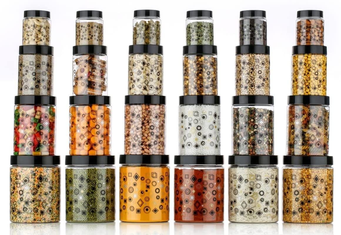 HAPPI Multipurpose Unbreakable Plastic Printed Airtight Container Set Masala Box For Kitchen Storage Box Dabba For Spice, Pack of 24 (6 Pcs of Each 350ml, 650ml, 1200ml, 2000ml with 24 Spoons)