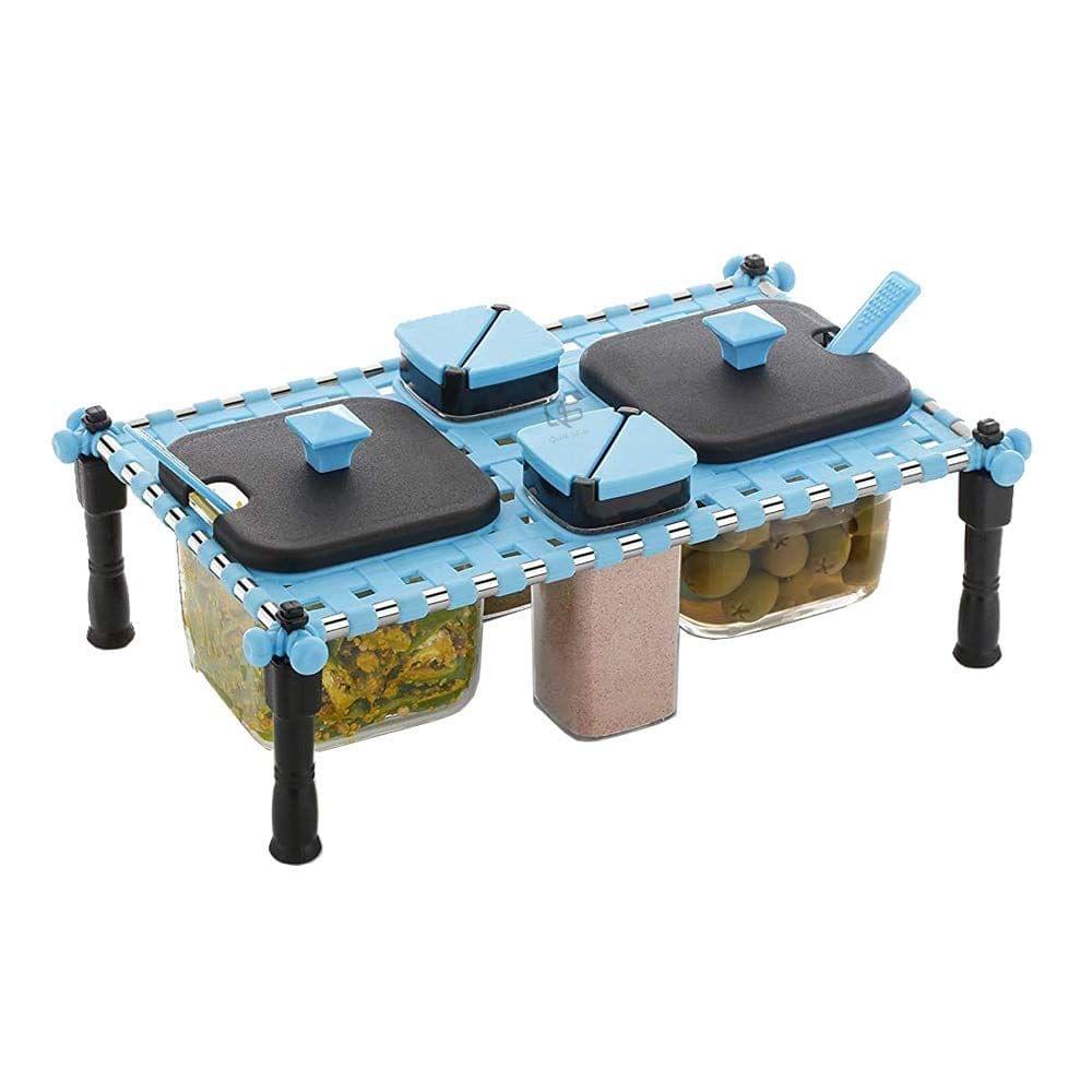 HAPPI Multipurpose Spice & Pickle Set of 4 Pcs Traditional Indian Cot Charpai Design Set of Achar jar Container Salt & Pepper Shaker Dispenser Set for Dining Table (Color May Vary)