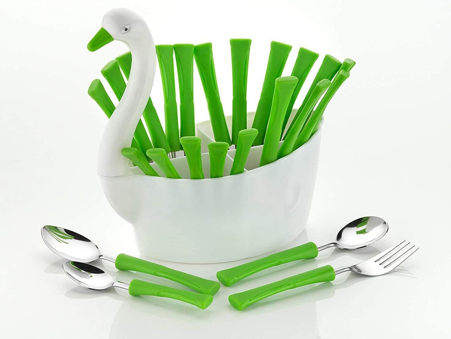 HAPPI Cutlery Set for Kitchen with Stand 24 Pieces Duck Shape Stainless Steel - 6 Table Spoons, 6 Tea Spoons, 6 Forks, 6 Dessert Spoons(Multicolor)