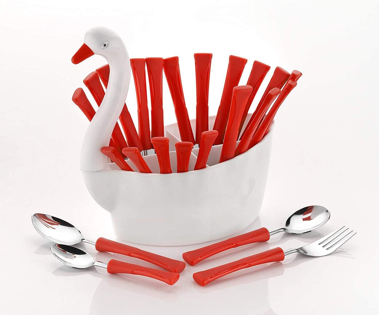 HAPPI Cutlery Set for Dining Table Stylish with Stand 24 Pieces Duck Shape Stainless Steel - 6 Table Spoons, 6 Tea Spoons, 6 Forks, 6 Dessert Spoons(Multicolor)