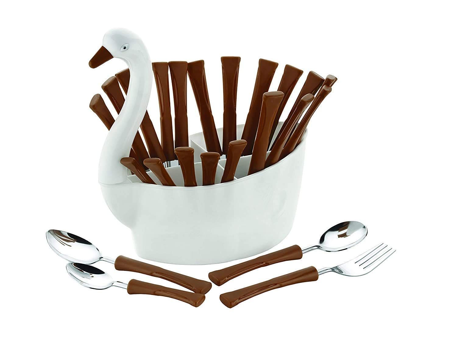 HAPPI Cutlery Set for Dining Table with Stand 24 Pieces Duck Shape Stylish Stainless Steel - 6 Table Spoons, 6 Tea Spoons, 6 Forks, 6 Dessert Spoons (Multicolor)