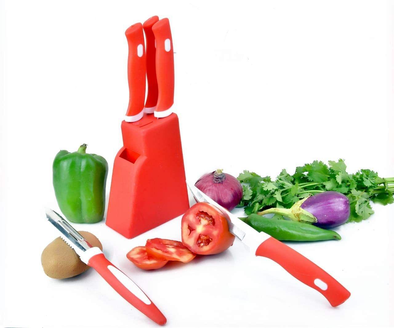 HAPPI Knife Set with Stand, Knife Set for Kitchen with Holder, Knife and Peeler Set 4 Knife + 1 Peeler + 1 Stand (Color May Vary)