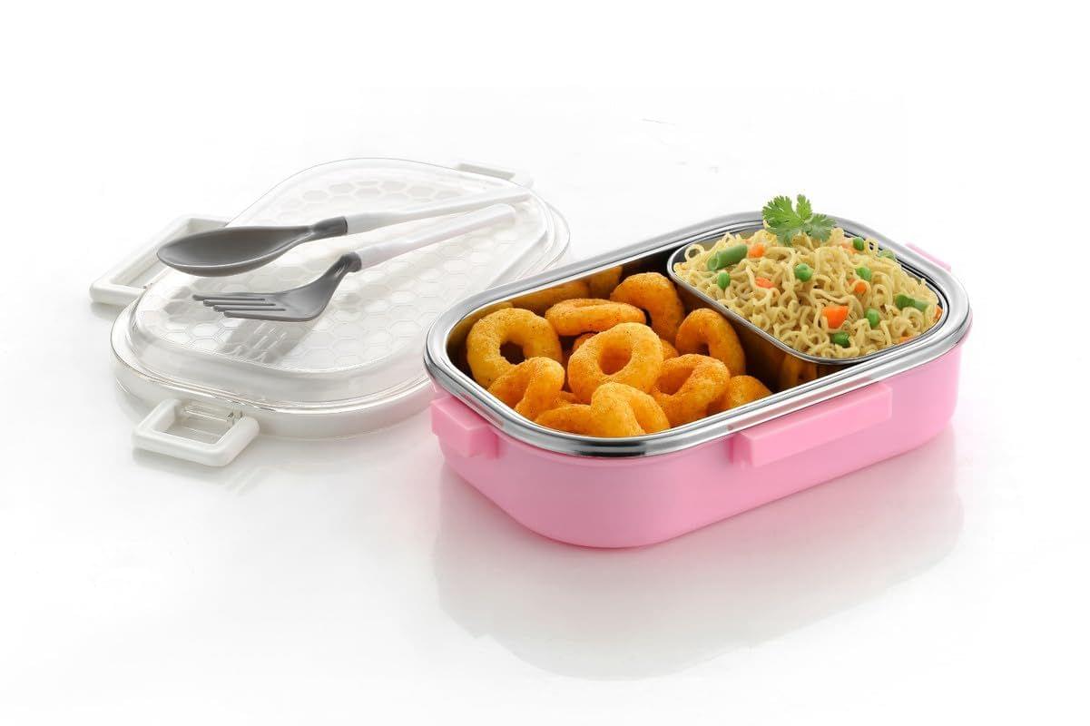 HAPPI Stainless Steel Leak Proof 4 Side Lock System Lunch Box for Office Men and Lunch Box for Kids, Food Warmer Lunch Box with Removable Small Container with 2 Spoons Set (Pink)