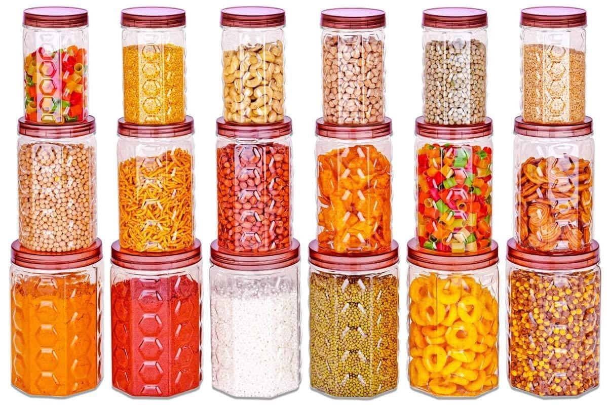 HAPPI Multipurpose Unbreakable Plastic Transparent Airtight Containers Set Masala Box For Kitchen Storage Box Dabba For Spice, Pack of 18 (6 Pcs of 350ml, 650ml, 1200ml - Maroon)