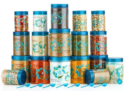 HAPPI Multipurpose Unbreakable Plastic Flower Printed Airtight Container Set Masala Box For Kitchen Storage Box Dabba For Spice, Pack of 18 (6 Pcs of Each 350ml, 650ml, 1200ml with 18 Spoons) HAPPI Multipurpose Unbreakable Plastic Flower Printed Airtight Container Set Masala Box For Kitchen Storage Box Dabba For Spice, Pack of 18 (6 Pcs of Each 350ml, 650ml, 1200ml with 18 Spoons)
