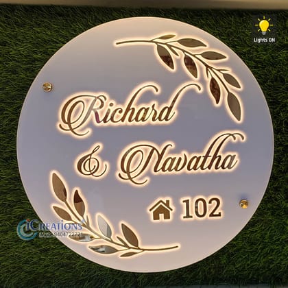 iCreations Personalized Round Shaped Acrylic Name Plate with LED Lights For Home Entrance (12 inch diameter)