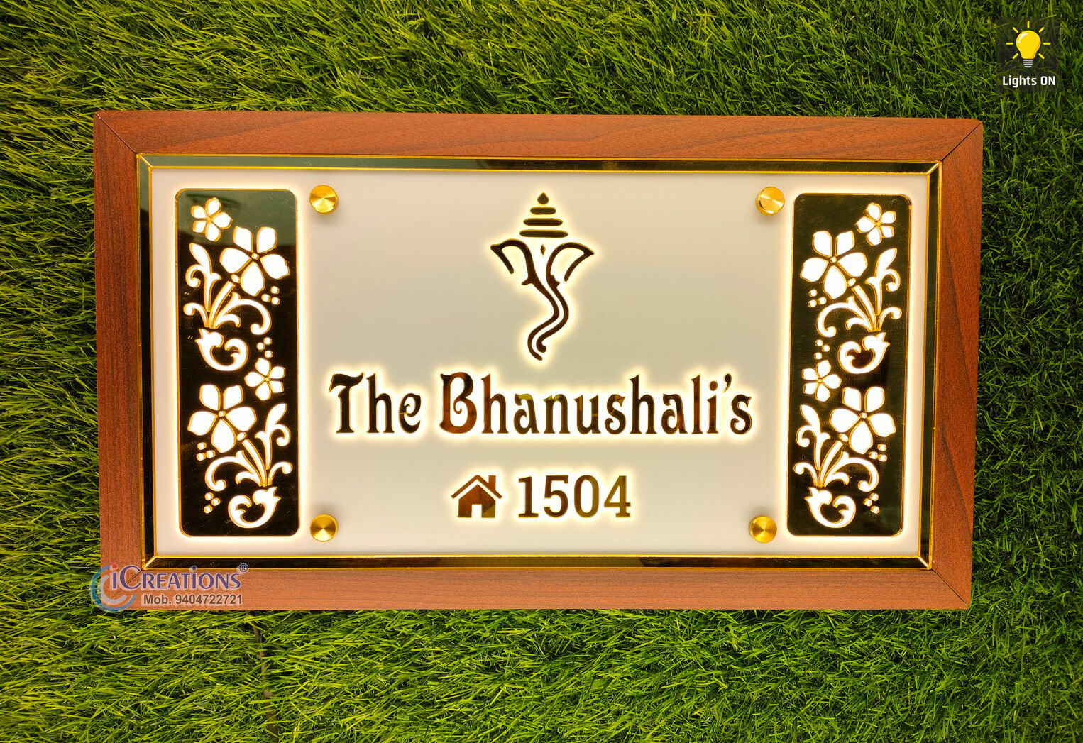 iCreations Custom Acrylic Nameplate with LED Lights for Home Entrance White & Gold letter with woodlike border (9x16 Inch)