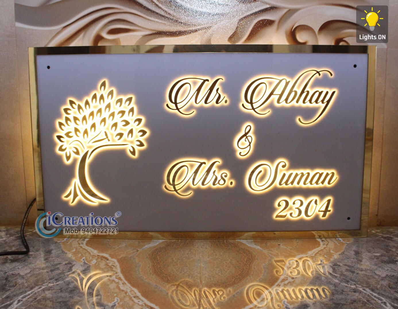 iCreations Custom Acrylic Nameplate with LED Lights for Home Entrance (Tree)