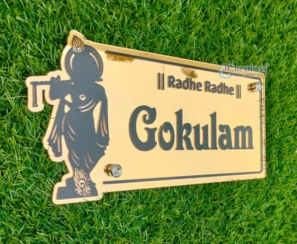 iCreations Krishna Customised Acrylic Home Name Plate (Mirror Gold & Black)