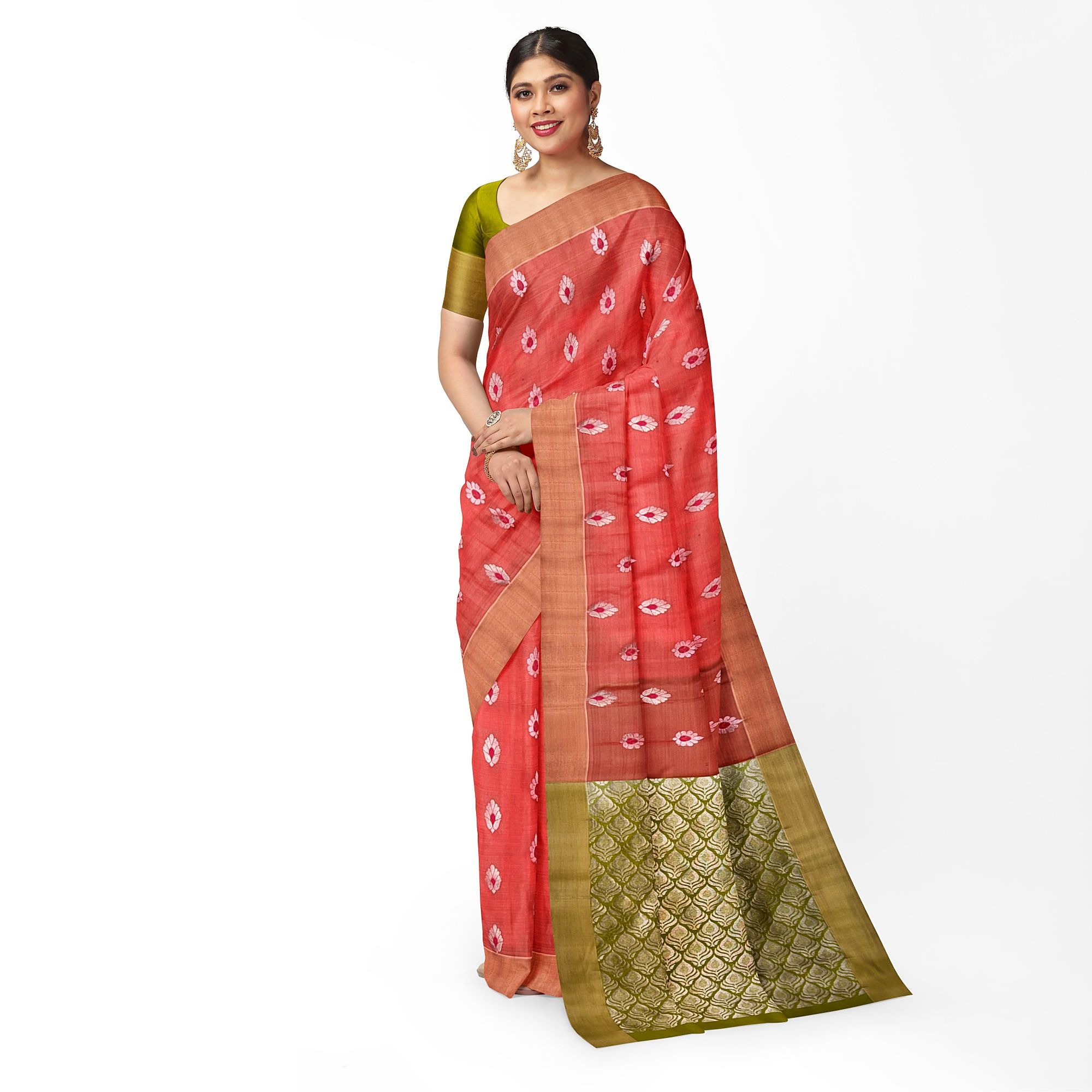 Hot Coral Beautiful Meena Work Floral Butta Pure Kanjivaram Silk Saree