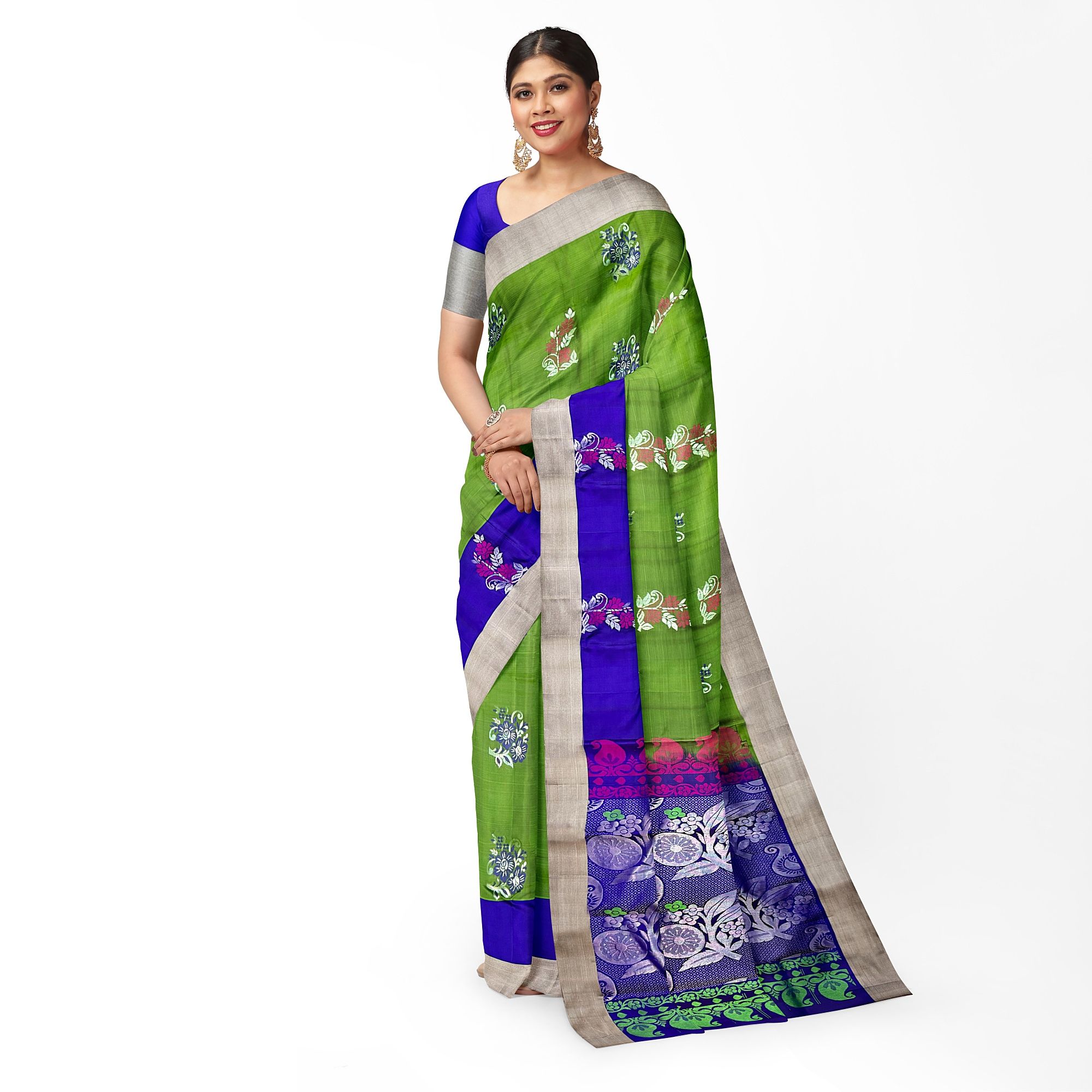 Mehandi Green Color Meena Work Big Floral Design Pure Silk Saree