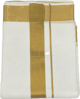 Traditional White Cotton Free Size Double Dhoti/Mundu with Big Gold Border with 1-Angvastram Towel 1.80 Meters Length