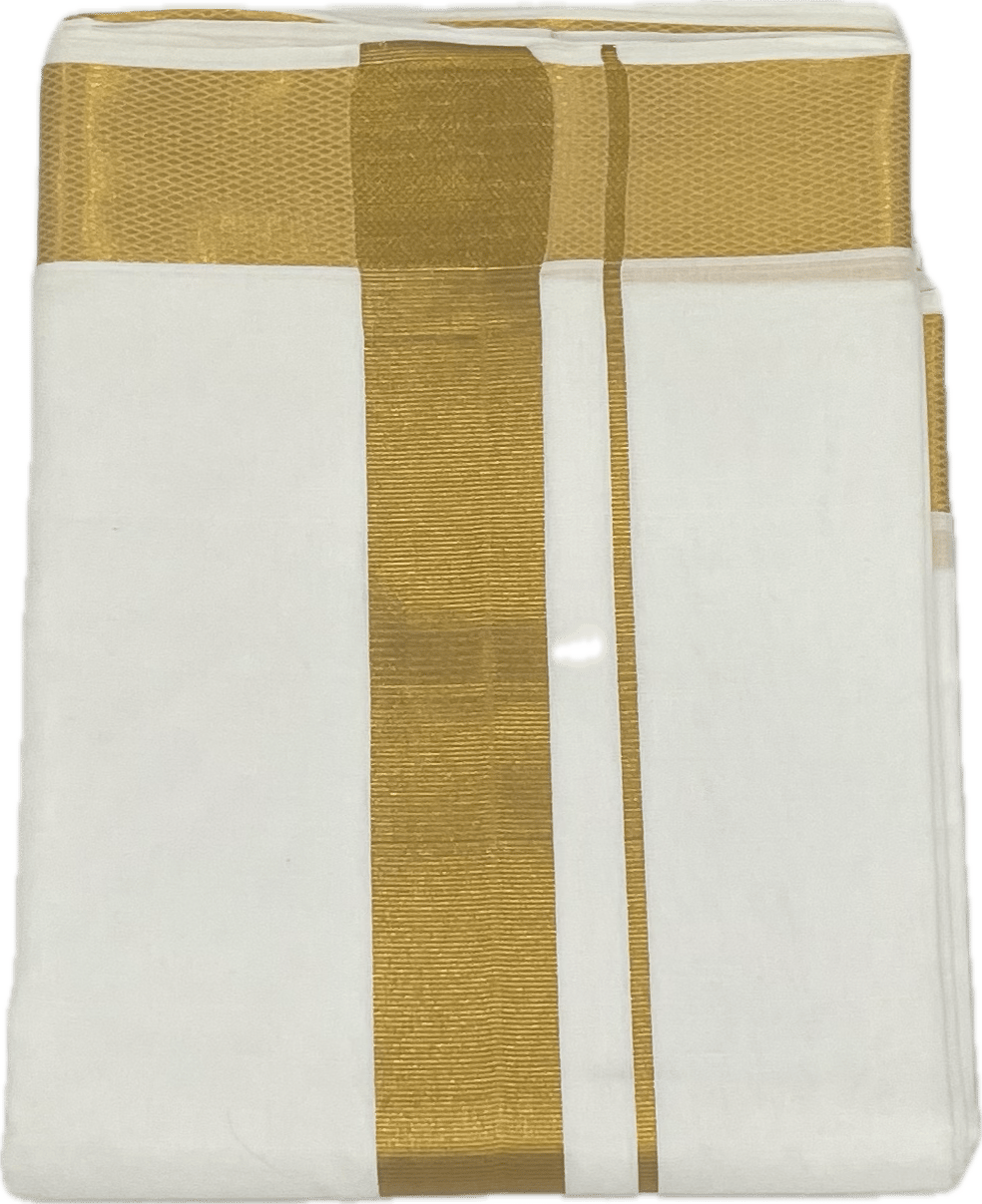 Traditional White Cotton Free Size Double Dhoti/Mundu with Big Gold Border with 1-Angvastram Towel 1.80 Meters Length