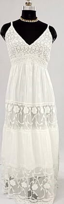 NV92219/H001-003-Allure in White: Deep Neck Pure Cotton Dress