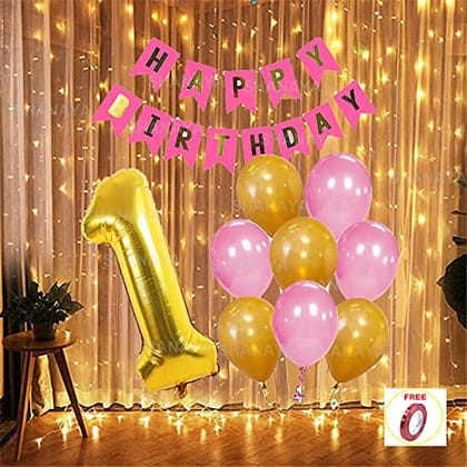 SHANAYA Happy Birthday Decoration Items Kit - 33Pcs Set For Boys Girls Husband Wife Decoration Items Combo -Happy Birthday Bunting Banner Metallic Gold Pink Number 1 Foil Balloon Ribbon Party Supplies