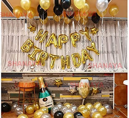 SHANAYA Birthday Decoration Items For Girls Boys Husband Wife Combo Set Kit -46Pcs Set Happy Birthday Gold Foil Balloons Metallic Gold Silver Black Baloons Bottle Glass Foil Party Supplies SHANAYA Birthday Decoration Items For Girls Boys Husband Wife Combo Set Kit -46Pcs Set Happy Birthday Gold Foil Balloons Metallic Gold Silver Black Baloons Bottle Glass Foil Party Supplies