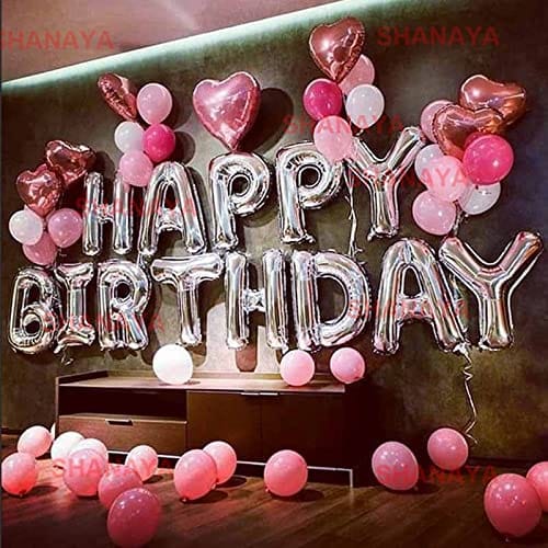 SHANAYA Birthday Decoration Items For Girls Boys Husband Wife -49Pcs Set Happy Birthday Silver Foil Balloons Pink White Metallic Baloons Rose Gold Heart Foil Balloons GlueDot Party Supplies